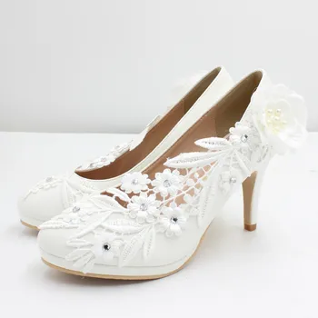 Beyaz yüksek topuklu düğün ayakkabı dantel gelin ayakkabıları İnce topuklu kadın ayakkabısı çiçek dekorasyonu el yapımı düğün ayakkabı BH2112A
