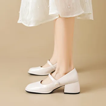 2023 bahar kadın ayakkabısı bayanlar yüksek topuklu Rahat Mary Janes beyaz kare ayak tasarım kariyer ve commuting Kore tarzı 41-43