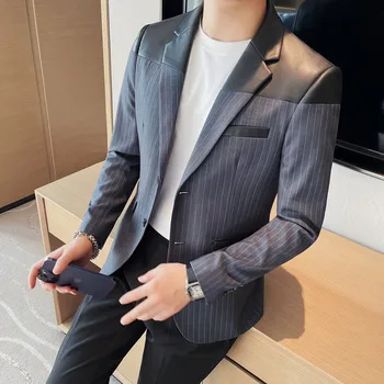 Artı Boyutu 4XL-M Bahar Moda PU Deri Eklenmiş Çizgili Blazer Ceketler Erkekler İçin Giyim 2023 İki Düğme Slim Fit Rahat Mont