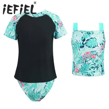 3 Adet Çocuk Kız Mayo Yüzme Kıyafetleri Üstleri Külot ve T Shirt Seti Beachwear Mayo Mayo Yaz Yüzmek Setleri