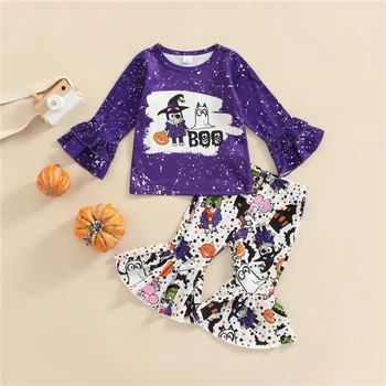 Toddler Bebek Kız Cadılar Bayramı kıyafetleri Karikatür Desen Uzun Kollu Ruffles Dekor T-Shirt + Elastik Bel Flare Uzun pantolon seti