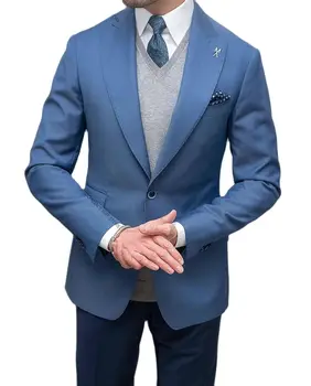 Yeni Mavi Ceket Koyu Mavi Pantolon Erkek Takım Elbise 2 Parça Slim Fit Damat Smokin Düğün İçin Son Kostüm Moda Blazer Pantolon