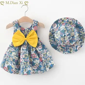 2022 Yaz Toddler Kız Giysileri Set Bebek plaj elbisesi Sevimli Yay Ekose Kolsuz Pamuk Yenidoğan Prenses Elbise + güneş şapkası