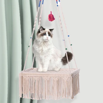 Yaratıcı Kedi Hamak Yavru Yuva Çadır Rahat El Yapımı Örgü Makrome Salıncak Yatak Pamuk Halat Asılı Yatak Bohemian ev hayvanı ürünü