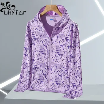 UHYTGF Çiftler Açık Yaz Ceket Bayan Kapşonlu Nefes UV Koruma Ince Güneş Koruyucu Giysi Kadın Buz Ipek Ceket 4XL 2137