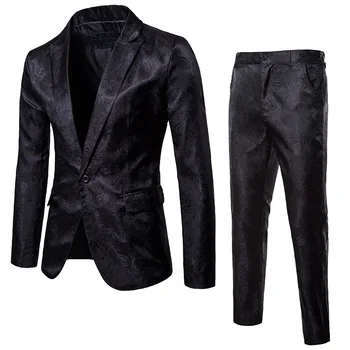 Erkek Paisley Çiçek Takım Elbise Pantolon İle 2022 Marka Yeni Slim Fit Siyah 2 adet (Blazer+Pantolon) seti Erkekler Sahne Şarkıcı Düğün Takım Elbise Ceket