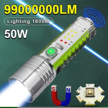 Süper parlak 50W LED el feneri şarj edilebilir el feneri yan ışık ile güçlü mıknatıslar aydınlatma 1800m Mini çok Fonksiyonlu meşale
