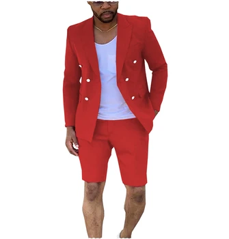 Erkek Yaz Takım Elbise 2 Adet Kruvaze Çentik Yaka Düz Slim Fit Rahat Ceket (Blazer + Şort)