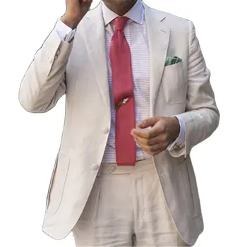 Beyaz Keten Erkek Takım Elbise Düğün İçin 2 Adet Ceket + Pantolon + Kravat Slim Fit Çentik Yaka Blazer Pantolon Custom Made Parti Giyim Erkek Giyim