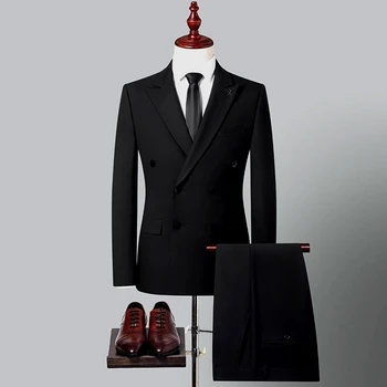 2023New siyah kruvaze (Blazer + pantolon) iş moda zarif ve rahat düğün en iyi erkek elbise iki parçalı set