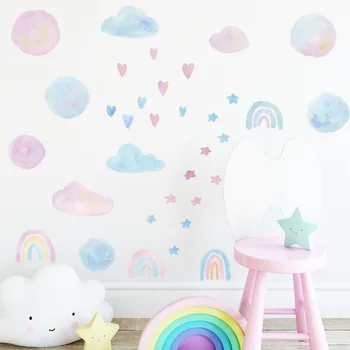 Suluboya Kalp Bulutlar duvar çıkartmaları Bebek Kızlar için oda duvar dekoru Çıkarılabilir PVC Duvar Çıkartmaları Ev Dekor Duvar Kağıtları DIY Duvar Resimleri