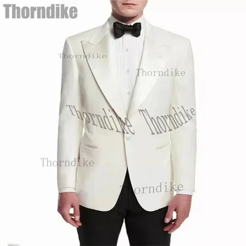 Thorndike Moda Beyaz Erkek Takım Elbise Tepe Yaka Düğün Damat Smokin Slim Fit Resmi Ziyafet Blazer 2 Adet Ceket Setleri (Blazer + Pantolon)