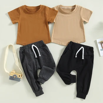 FOCUSNORM 0-3Y Toddler Bebek Erkek Giysileri Set Katı Kısa Kollu Kazak T-Shirt Üstleri ve Elastik Bel Uzun Pantolon 2 Adet Set