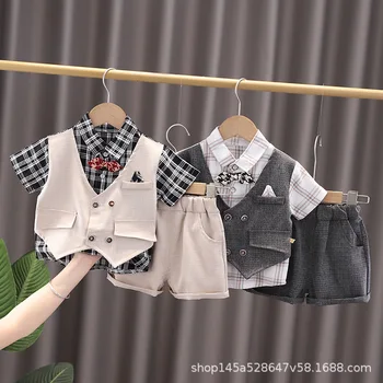 Toddler Erkek Bebek Giyim Seti Beyefendi Kısa Kollu Gömlek + Askı Şort 2 ADET Kıyafetler Yenidoğan Erkek Giysileri Seti