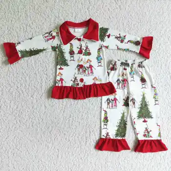 Sıcak Satış RTS HİÇBİR ADEDI Butik Toddler 2 Parça Pijama Çocuklar Kış Kıyafeti Bebek Noel Giyim Setleri