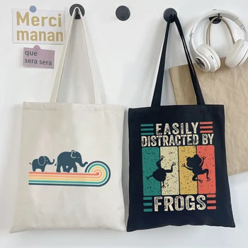 Kadın keten çantalar Harajuku Kurbağalar Alışveriş Çantaları Kolayca Dikkati Kurbağalar Baskı Bayan Çanta Komik Hayvan Kullanımlık omuzdan askili çanta