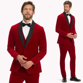 Özel Kırmızı Kadife Parti Tepe Ceketinizin Bir Düğme Damat Takım Elbise Kadife Ceket + Pantolon + Yelek Slim Fit Balo Kostüm Homme