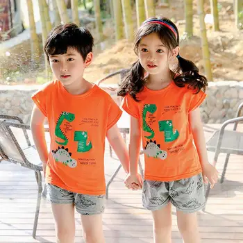 Çocuk giyim setleri Yaz Pamuk Erkek Kıyafet Kız Giysileri 2 Adet Pamuk Turuncu Yeşil Dinozor Çocuk Seti 1 2 3 4 5 6 7 8 9 10T
