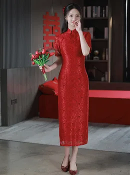 FZSLCYIYI Yaz Kısa Kollu Nakış Şifon Kırmızı Düğün Qipao Çince Geleneksel Mandarin Yaka Cheongsam Kadın Elbise