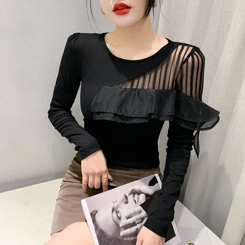 Kadınlar Seksi Ruffled pamuklu tişört Kadın Sonbahar Tees Femme Dantel Patchwork Kore Moda Temel Giyim Uzun Kollu Üst