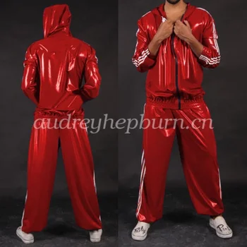 Fetiş Lateks Kauçuk Gummi Ganzanzug Üniforma Kırmızı Anzug Zentai Takım Elbise Boyutu S-XXL