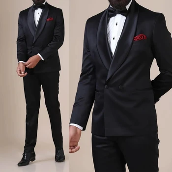 Siyah Saten Düğün Smokin Erkek Takım Elbise Göz Alıcı Resmi Klasik Resmi Kruvaze Özelleştirilmiş Damat Parti Ceket Pantolon