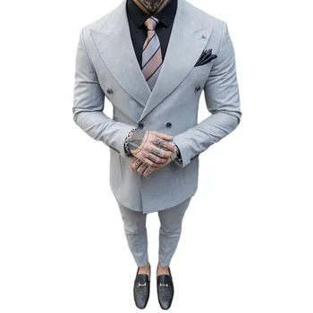 Açık Gri Kruvaze Erkek Takım Elbise Tepe Yaka Slim Fit 2 Parça Blazer Pantolon / Erkek Moda Klasik Ceket Düğün Kıyafeti