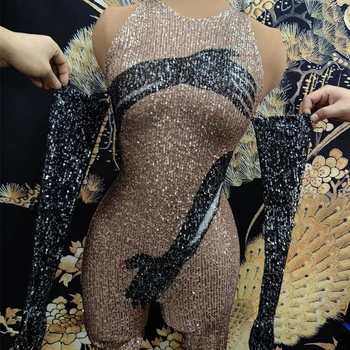 Siyah Altın Sequins Tulum Eldiven Seksi Kutup Dans Kıyafeti Kadın Dj Ds Parti Gogo Giyim Clubwear Sürükle Kraliçe Kostüm XS6589