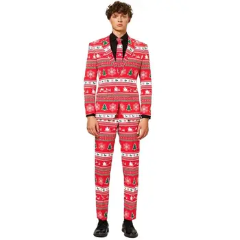 Noel Takım Elbise Ceket Baskı erkek Blazer Setleri 2 Parça Ebeveyn-çocuk kıyafeti Seti Klasik Parti erkek Giyim Slim Fit Rahat Kıyafet