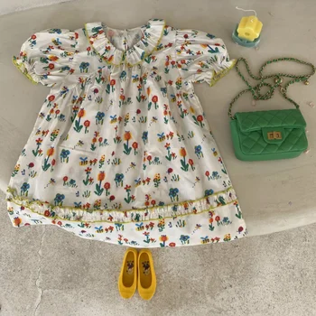 2023 Yaz Çocuk Elbise Bebek Kız Sevimli Çiçek Prenses Elbise Ruffles Kızlar Puf Kollu Pamuklu Elbise