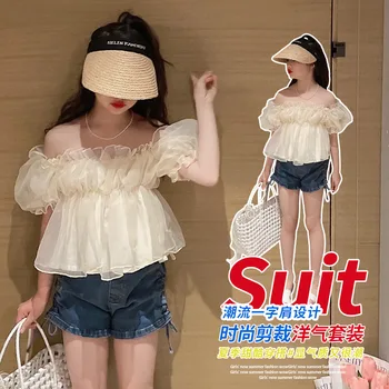 12 15 Kore Kız giyim Seti Yaz Moda Fransız Kapalı Omuz Üst + Kot Şort 2 adet genç giyim Seti çocuk kıyafet