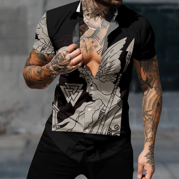 Rahat havai gömleği erkekler İçin Moda Y2k Kısa Kollu Valkyrie Desen Streetwear Harajuku 3D Baskı Rahat Plaj Giysileri