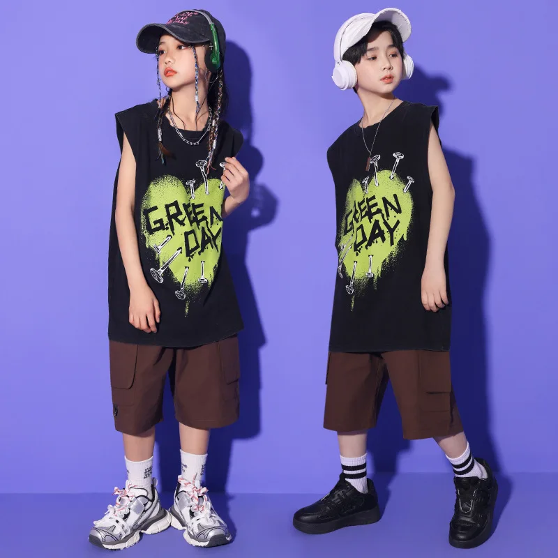 Yeni Çocuklar Kpop Kıyafetler Hip Hop Giyim Siyah Kişilik Baskı Kolsuz Tişört Kargo şort Kız Erkek Caz dans kostümü Görüntü 0