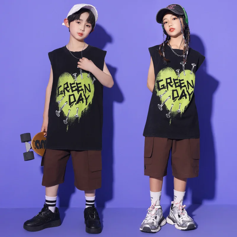 Yeni Çocuklar Kpop Kıyafetler Hip Hop Giyim Siyah Kişilik Baskı Kolsuz Tişört Kargo şort Kız Erkek Caz dans kostümü Görüntü 1
