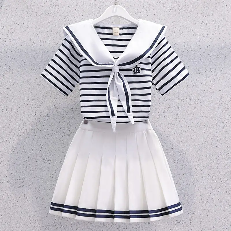 Yaz Kız Elbise Kore Tarzı Denizci Yaka Şerit Kısa Kollu + Pilili Etek 2 Adet Takım Elbise Jk Üniforma Etek Kıyafetler Kız için 3-13 Görüntü 0