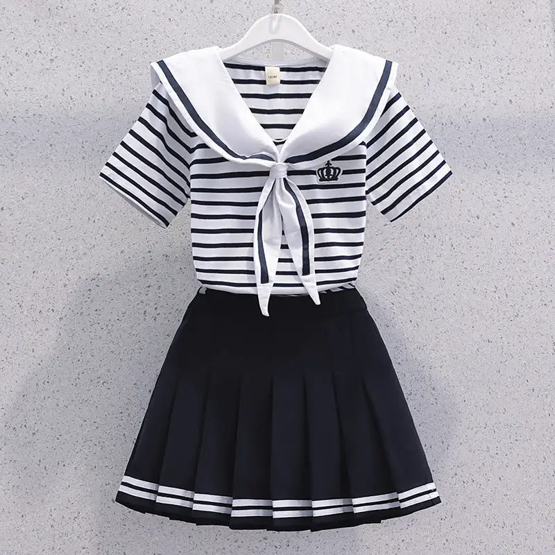 Yaz Kız Elbise Kore Tarzı Denizci Yaka Şerit Kısa Kollu + Pilili Etek 2 Adet Takım Elbise Jk Üniforma Etek Kıyafetler Kız için 3-13 Görüntü 1