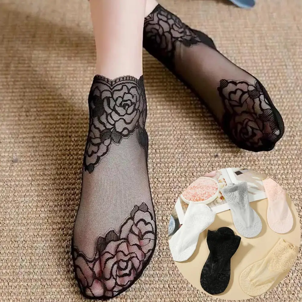 Kadın Kızlar Yaz Çorap Tarzı Dantel Çiçek Kısa Çorap İnce Şeffaf Elastik Örgü Çorap Nefes Halhal Görüntü 4