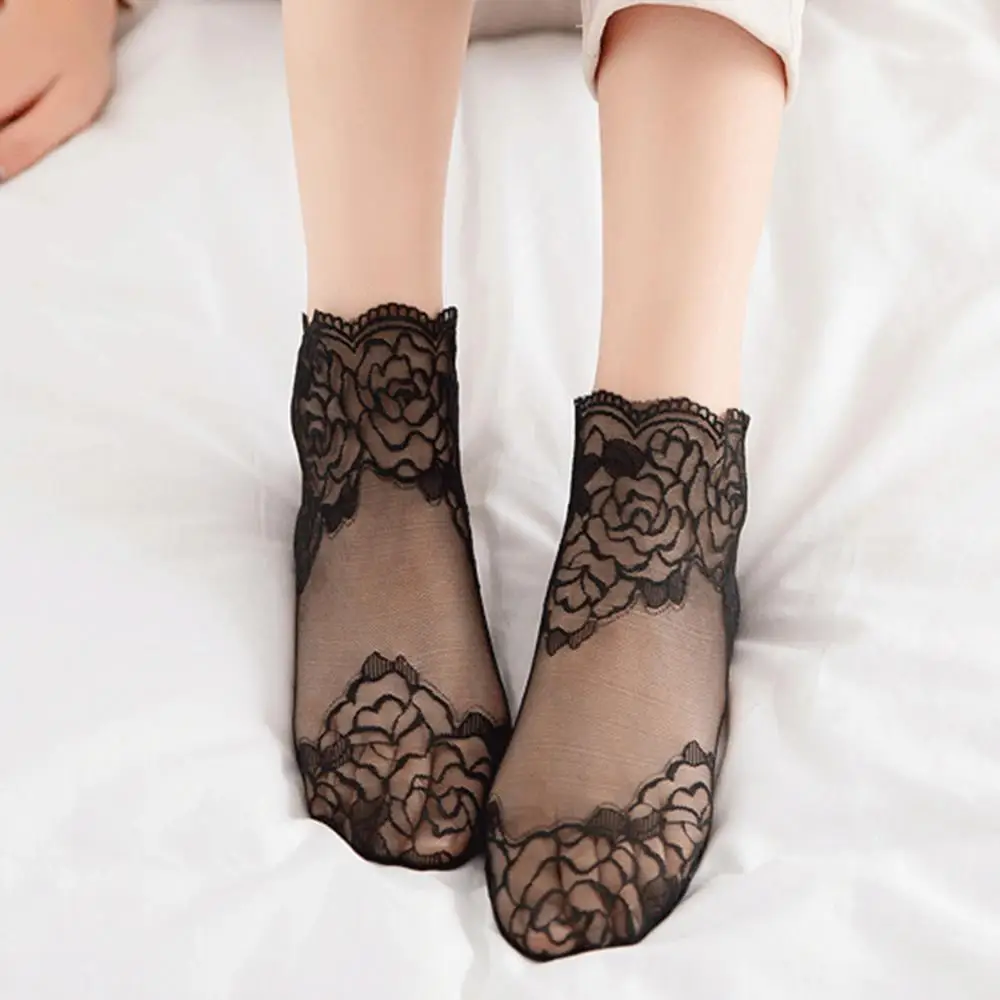 Kadın Kızlar Yaz Çorap Tarzı Dantel Çiçek Kısa Çorap İnce Şeffaf Elastik Örgü Çorap Nefes Halhal Görüntü 5