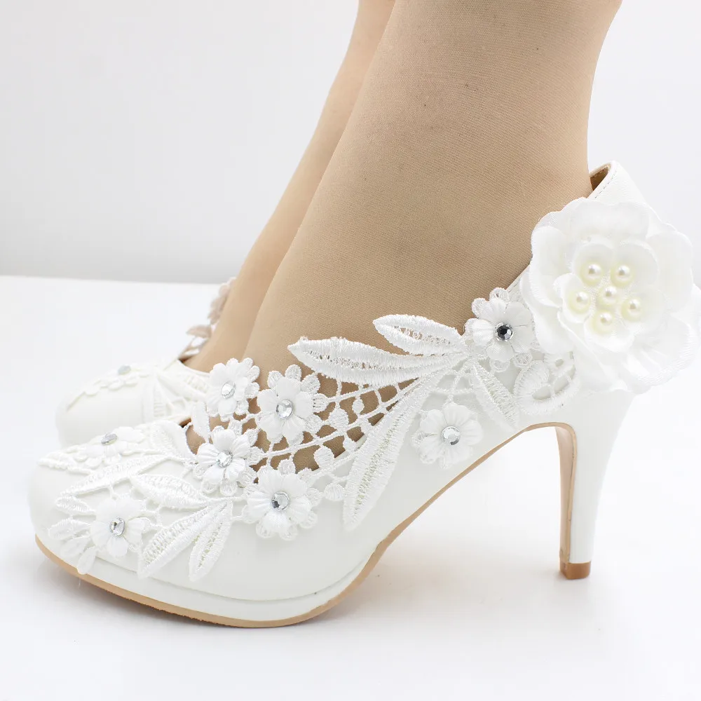 Beyaz yüksek topuklu düğün ayakkabı dantel gelin ayakkabıları İnce topuklu kadın ayakkabısı çiçek dekorasyonu el yapımı düğün ayakkabı BH2112A Görüntü 3