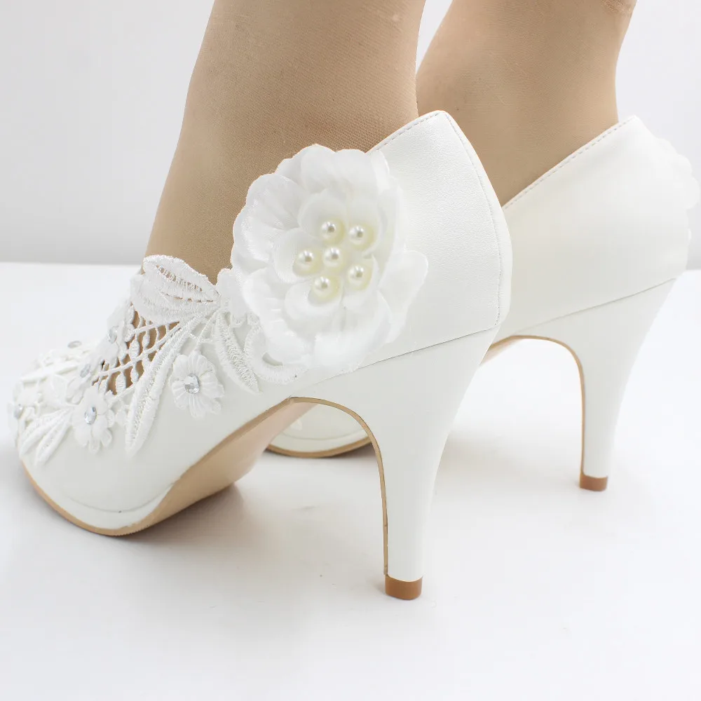 Beyaz yüksek topuklu düğün ayakkabı dantel gelin ayakkabıları İnce topuklu kadın ayakkabısı çiçek dekorasyonu el yapımı düğün ayakkabı BH2112A Görüntü 4