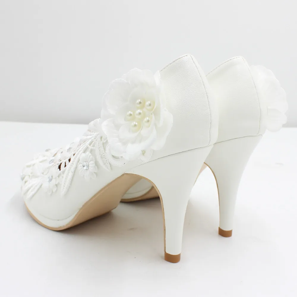 Beyaz yüksek topuklu düğün ayakkabı dantel gelin ayakkabıları İnce topuklu kadın ayakkabısı çiçek dekorasyonu el yapımı düğün ayakkabı BH2112A Görüntü 5