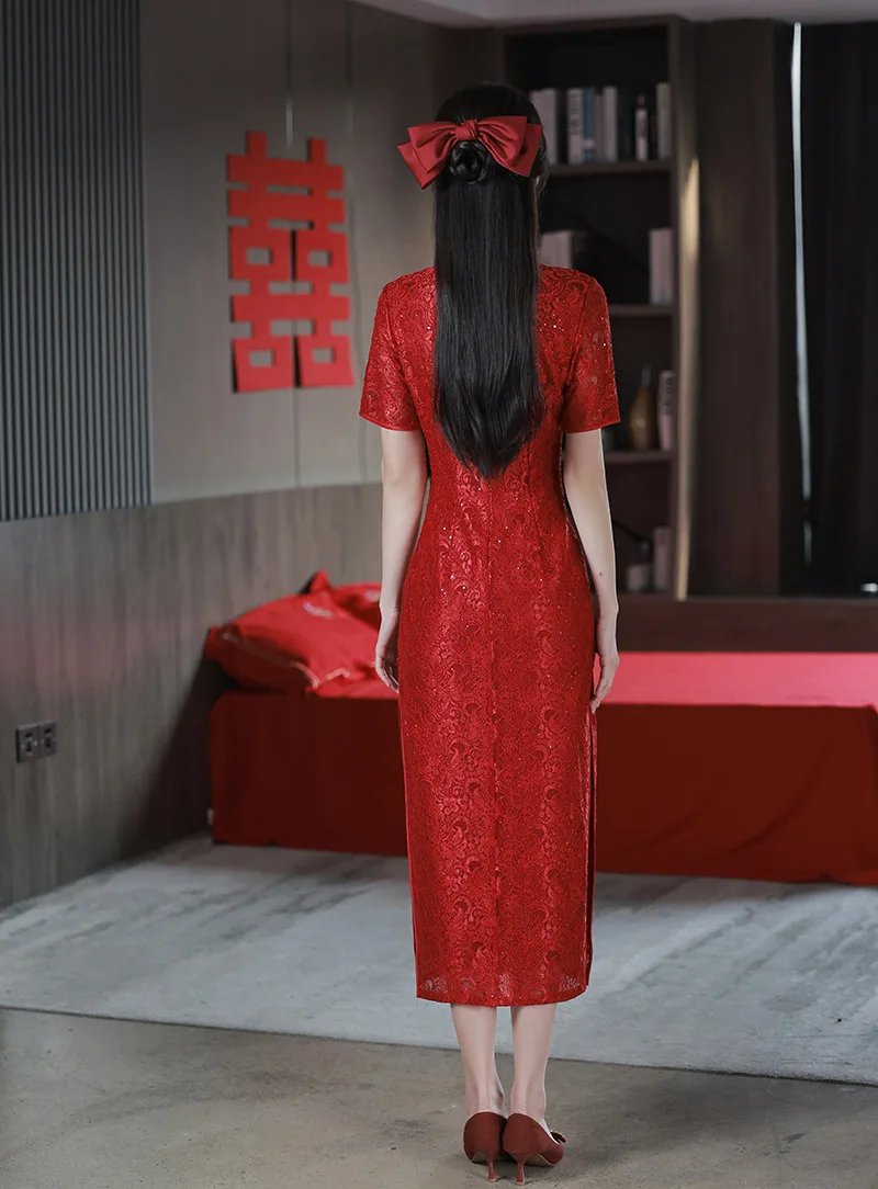 FZSLCYIYI Yaz Kısa Kollu Nakış Şifon Kırmızı Düğün Qipao Çince Geleneksel Mandarin Yaka Cheongsam Kadın Elbise Görüntü 1