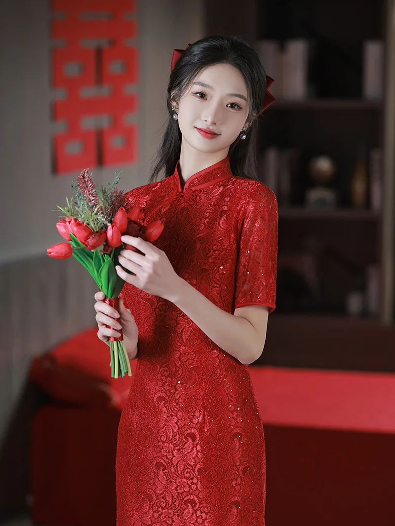 FZSLCYIYI Yaz Kısa Kollu Nakış Şifon Kırmızı Düğün Qipao Çince Geleneksel Mandarin Yaka Cheongsam Kadın Elbise Görüntü 3