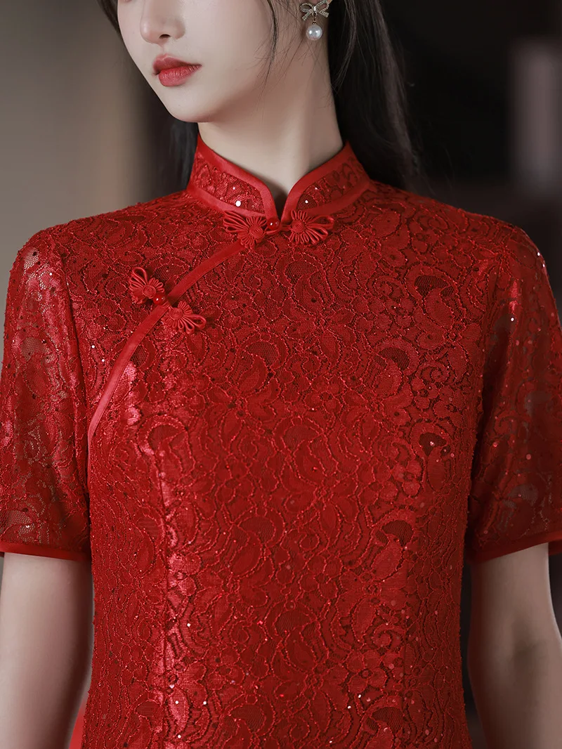 FZSLCYIYI Yaz Kısa Kollu Nakış Şifon Kırmızı Düğün Qipao Çince Geleneksel Mandarin Yaka Cheongsam Kadın Elbise Görüntü 5
