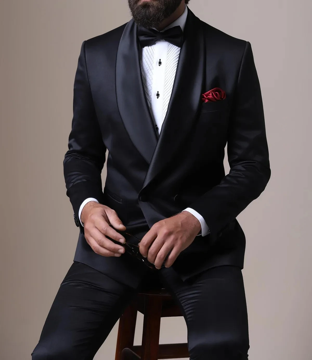 Siyah Saten Düğün Smokin Erkek Takım Elbise Göz Alıcı Resmi Klasik Resmi Kruvaze Özelleştirilmiş Damat Parti Ceket Pantolon Görüntü 3