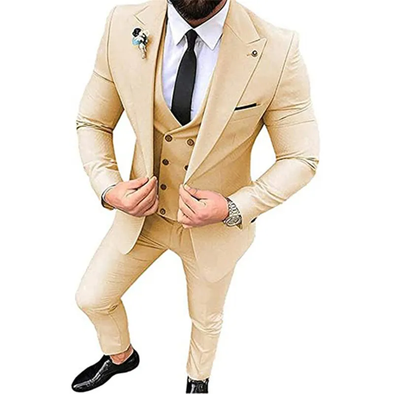 2023 Erkek Takım Elbise Düğün Parti için İş Ve günlük giysi Tepe Yaka 3 Parça (Blazer + Yelek + Pantolon) slim Fit Kostüm Homme Görüntü 4