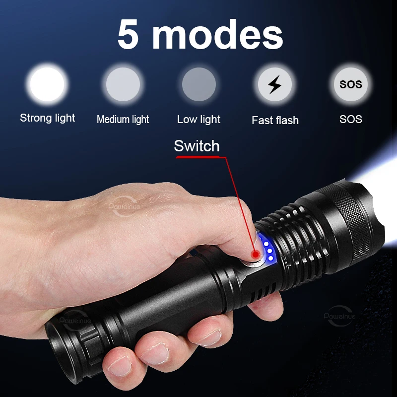 50W Taktik El Feneri Usb Şarj İle 5000mAh Şarj Edilebilir Lamba Torch 1500m Ultra Güçlü El Feneri Çalışma Işığı Fener Görüntü 3