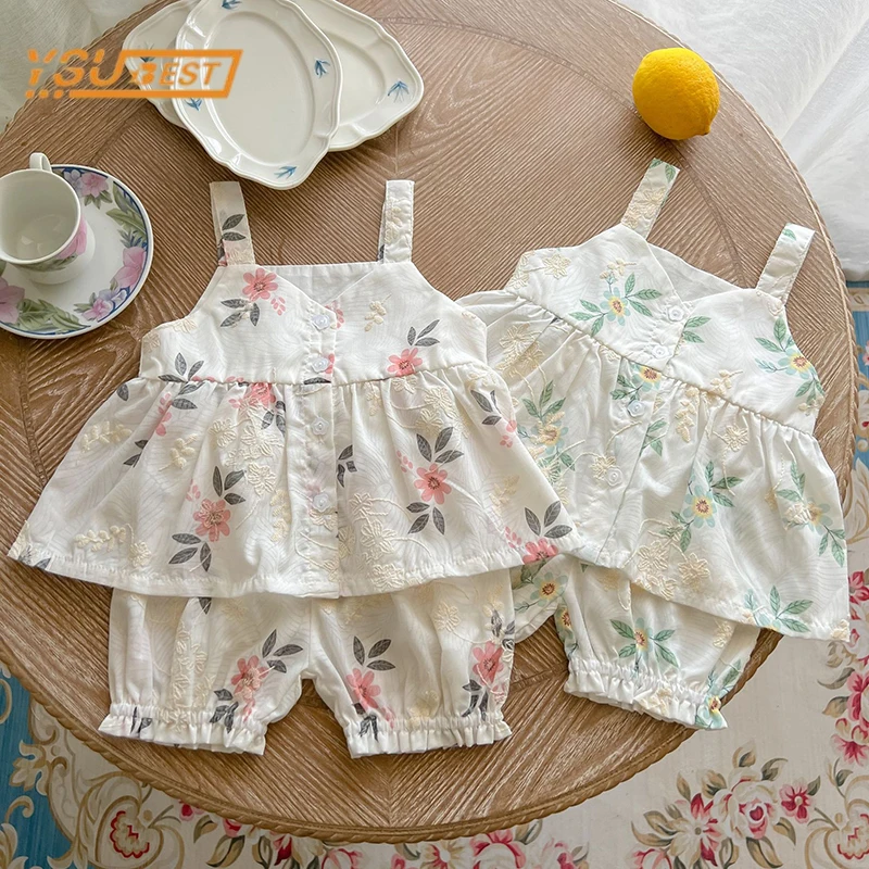Bebek Kız Giysileri Takım Elbise Bebek Çocuk Kız Elbise Seti Kolsuz Çiçek işlemeli tişört + Şort 2 adet Yürümeye Başlayan Giysi Görüntü 0
