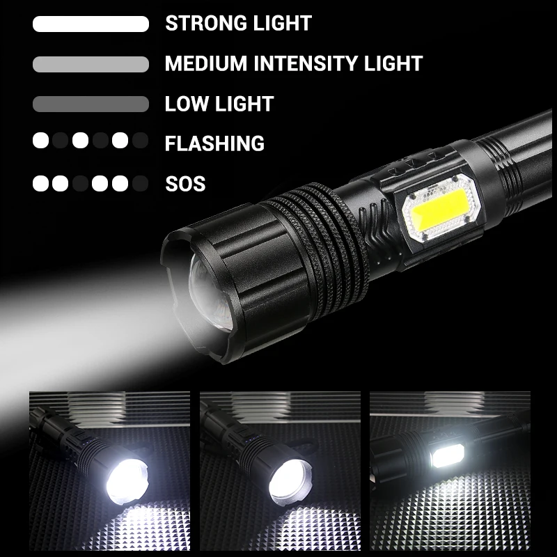 P50 zoom LED el feneri güçlü uzun Lens taktik Torch tipi - C şarj edilebilir lamba 5 aydınlatma modları kamp ışık avcılık için Görüntü 2