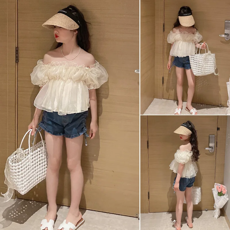 12 15 Kore Kız giyim Seti Yaz Moda Fransız Kapalı Omuz Üst + Kot Şort 2 adet genç giyim Seti çocuk kıyafet Görüntü 1
